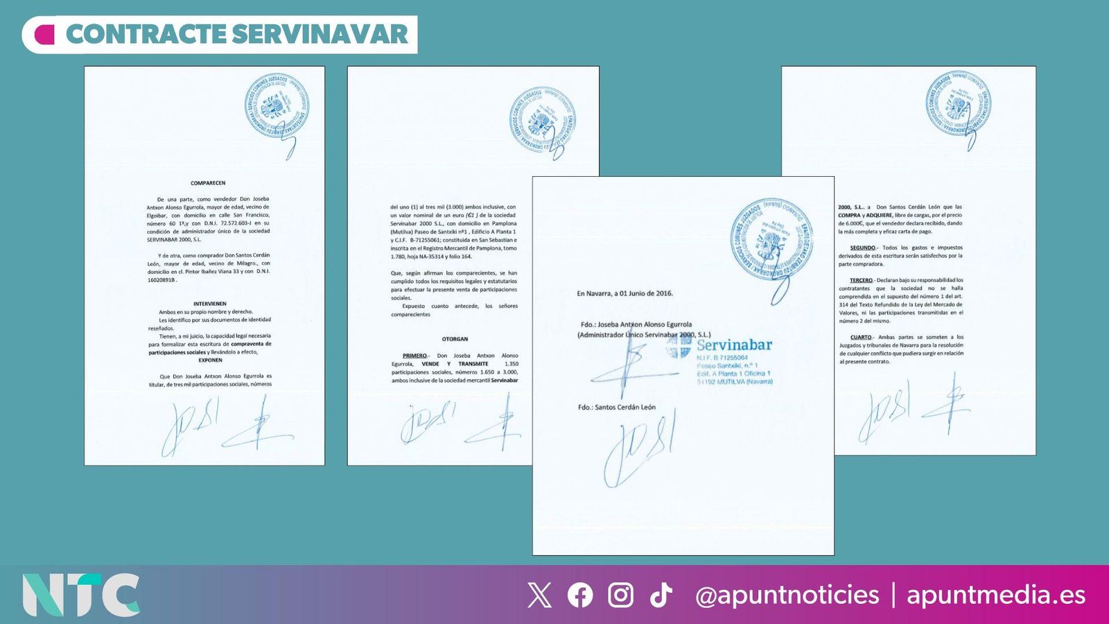 contracte en què consta que Cerdán va pagar 6.000 euros pel 45% de Servinabar