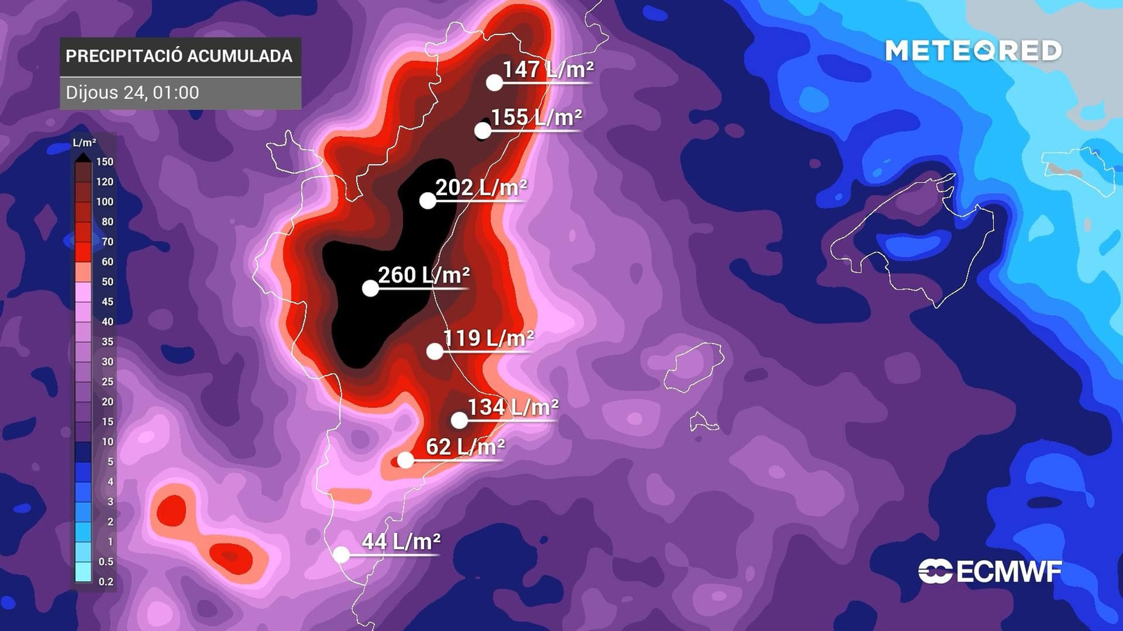 Previsió de pluja acumulada d'ací al dijous de matí.