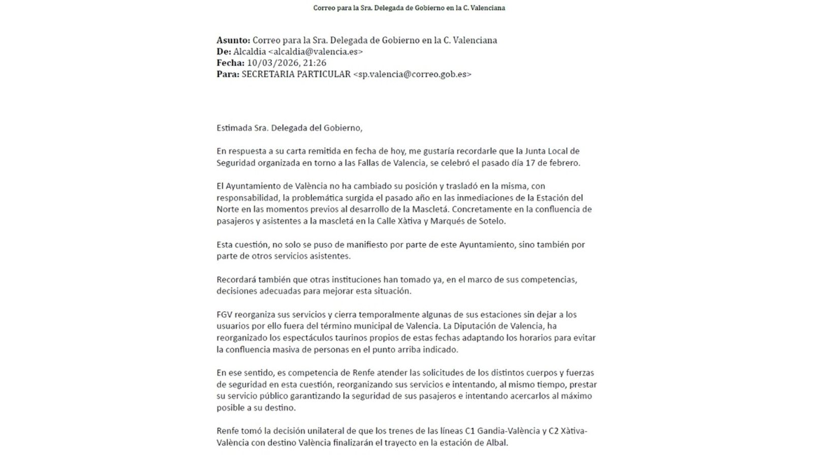 En imatge, la contestació de l'alcaldessa de València a la Delegada del Goven