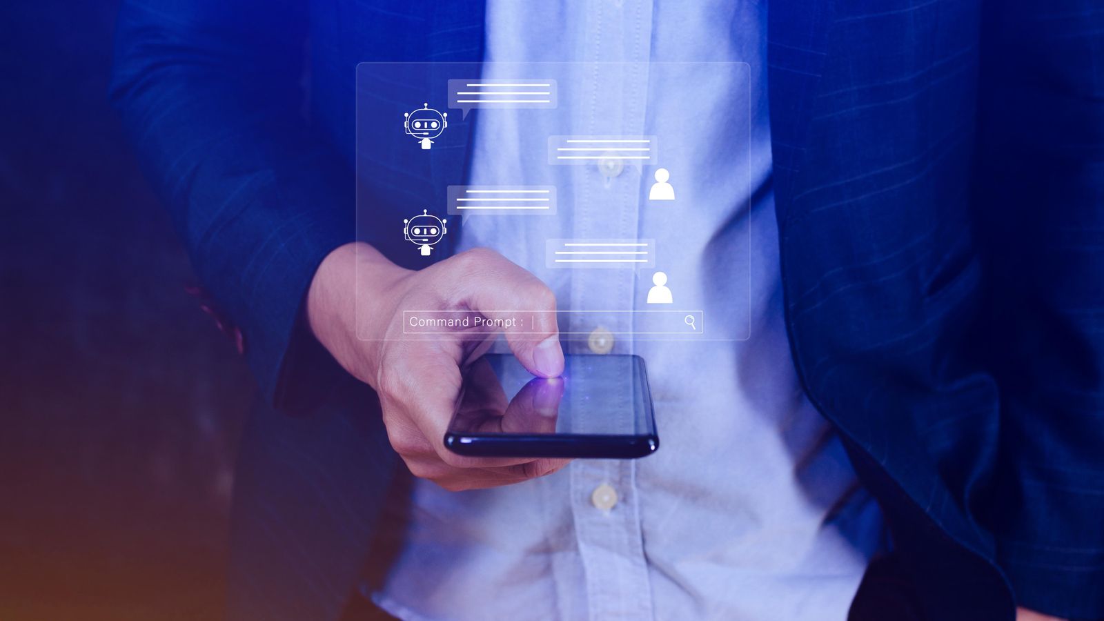 Simulació d'un home gastant un xatbot en un dispositiu mòbil