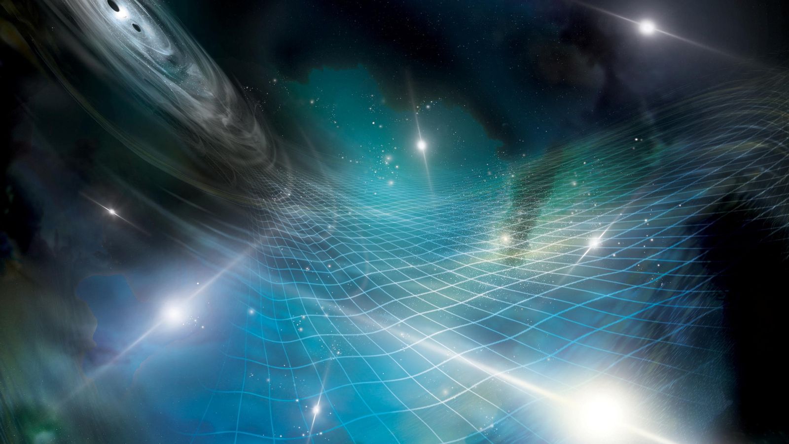 En imatge, una recreació de l'impacte en els púlsars de les ondulacions gravitatòries produïdes per un forat negre supermassiu