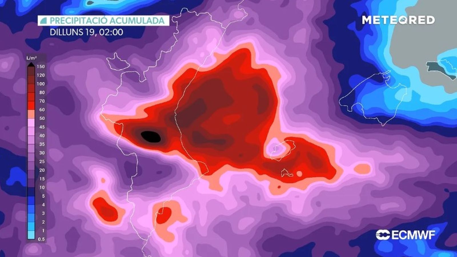 Mapa de precipitació acumulada per a este dilluns 19 d'octubre
