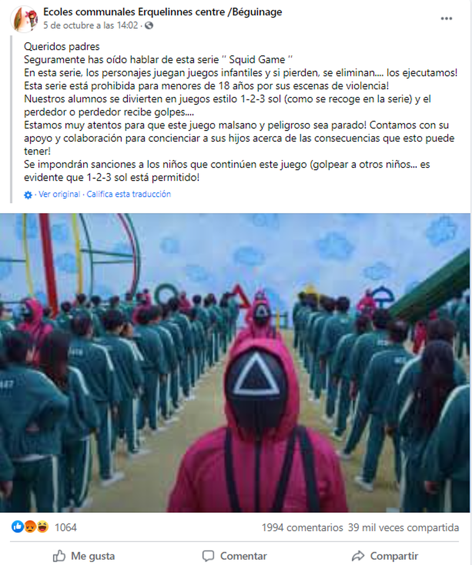 Publicació a Facebook de les Escoles les Escoles Comunals d'Erquelinnes, Bèlgica