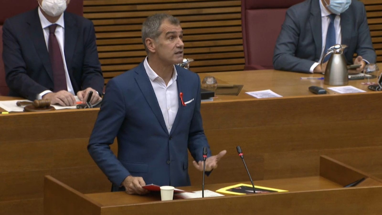 El síndic de Ciutadans, Toni Cantó, durant la seua intervenció des de la tribuna de les Corts aquest dijous