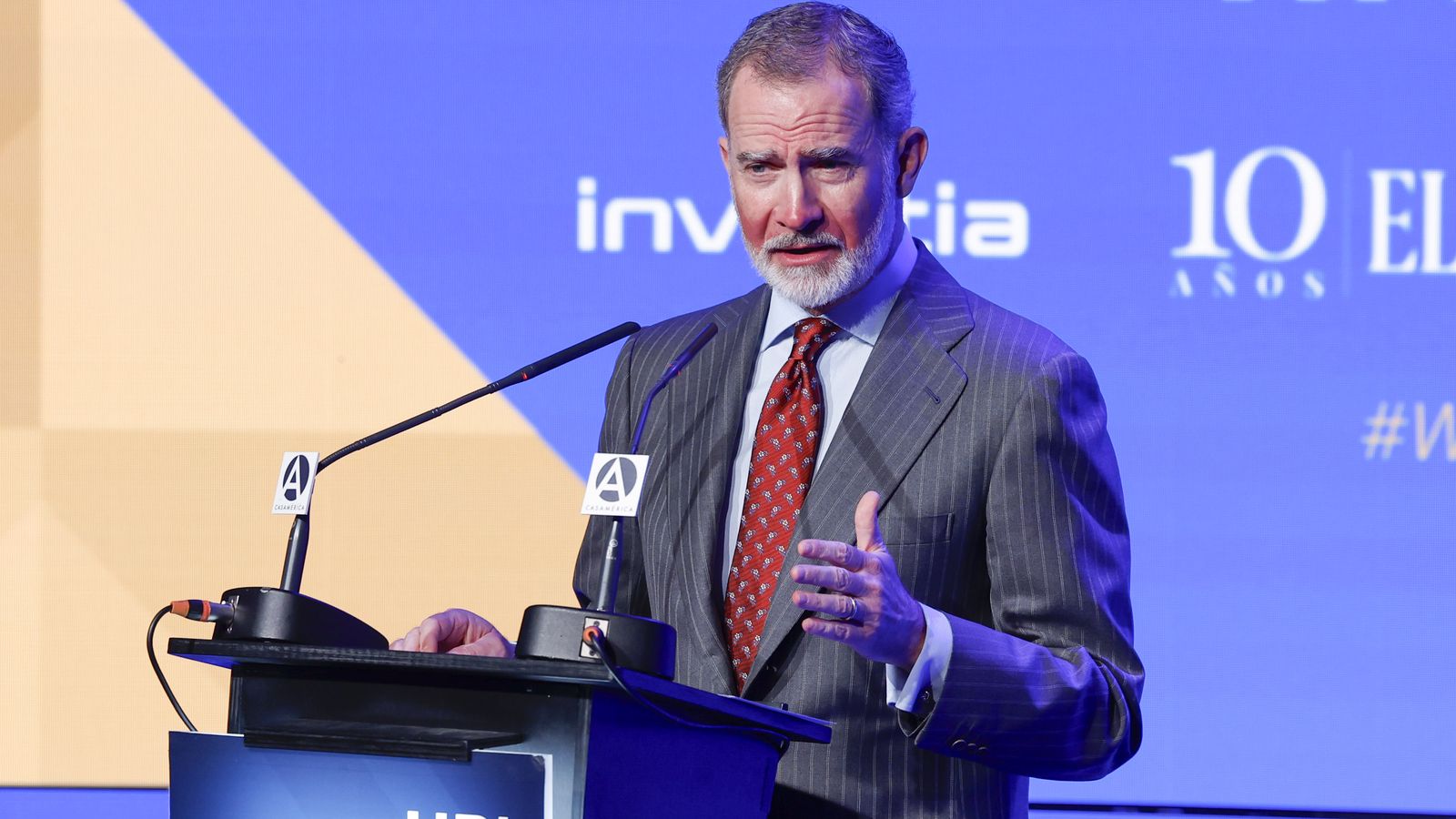 Felip VI durant el discurs inaugural de la cinquena edició del 'Wake Up, Spain', un fòrum de cinc dies sobre els desafiaments d'Espanya davant el nou ordre mundial