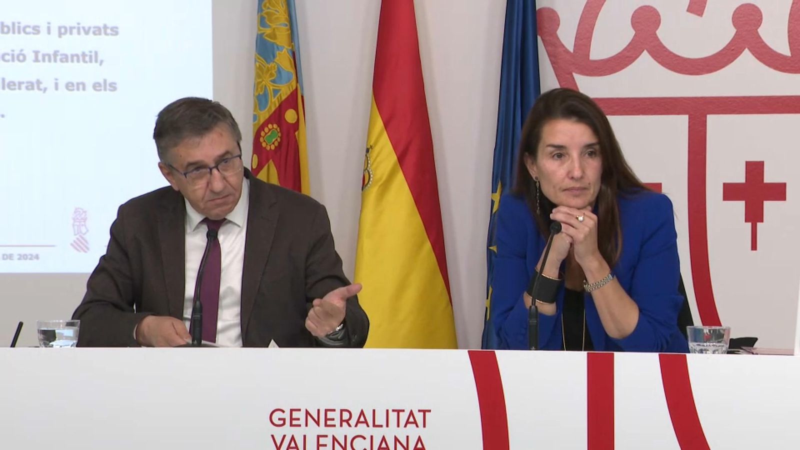 El conseller d'Educació, José Antonio Rovira, i la consellera d'Hisenda i portaveu, Ruth Merino, en la roda de premsa posterior al ple del Consell este dimarts