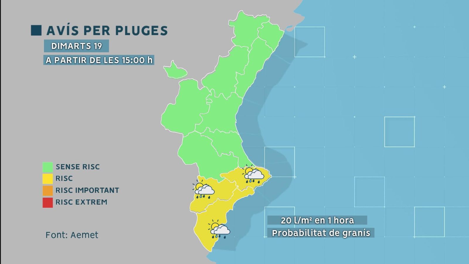 Avís per pluges a partir de les 15:00 hores a la Comunitat Valenciana