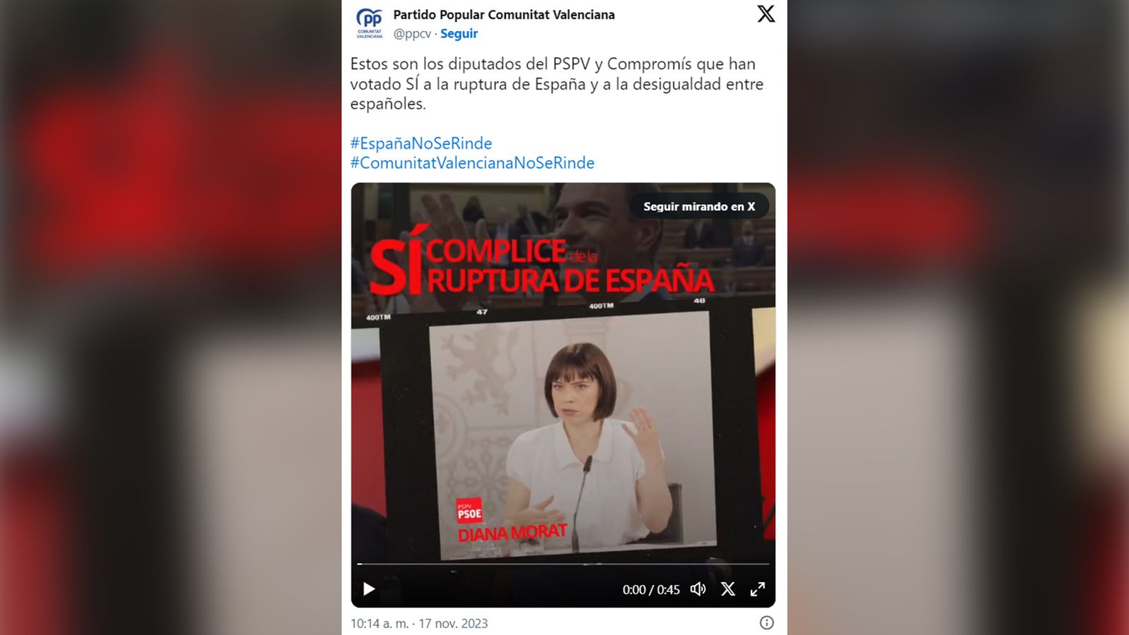 Publicació en el compte de X del Partit Popular de la Comunitat Valenciana