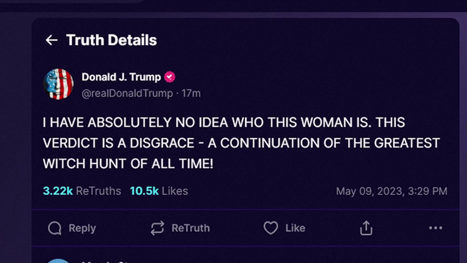 Captura del missatge de Trump en Truth Social insistint a negar els fets