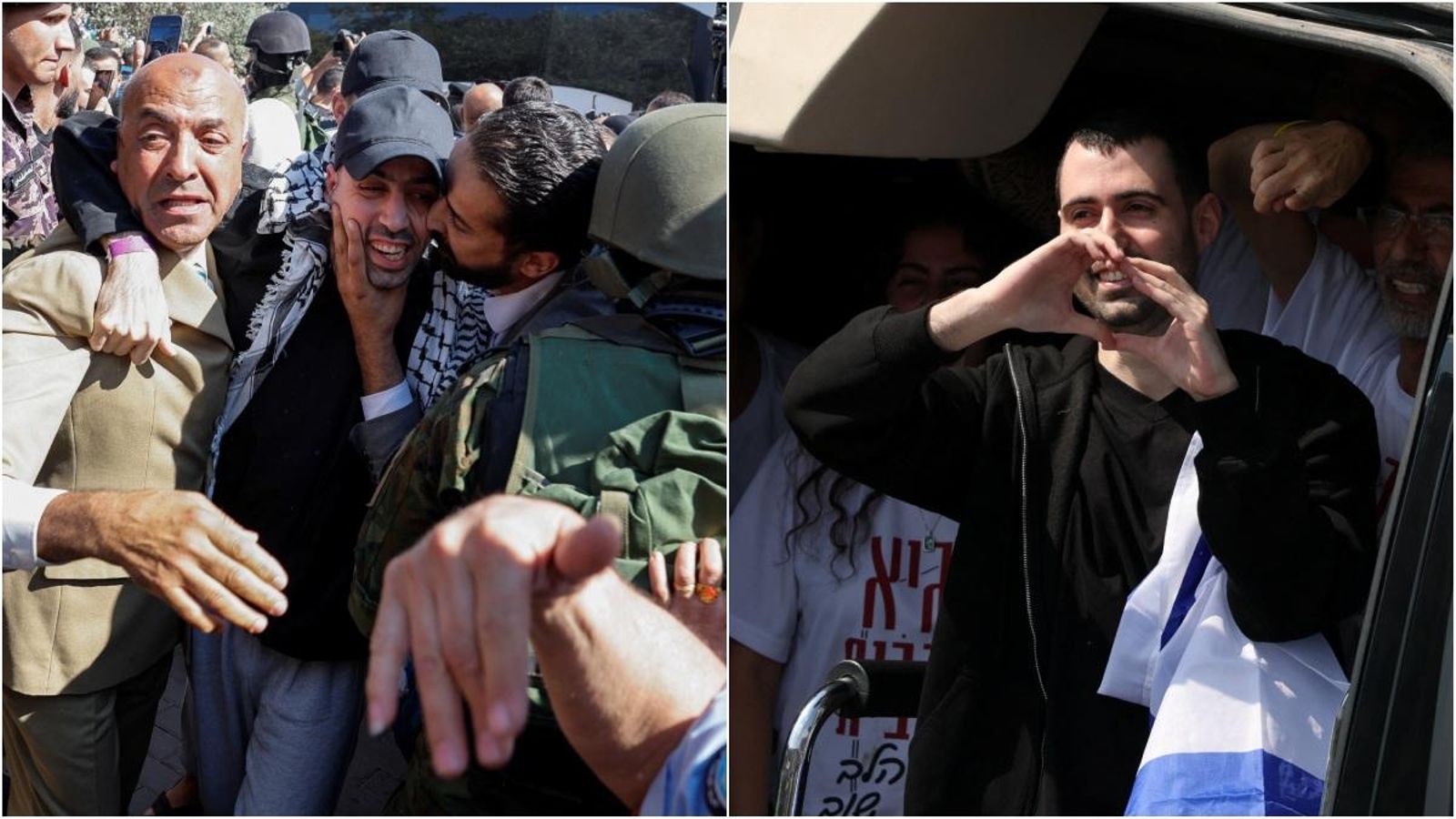 A l'esquerra, un dels palestins alliberats i a la dreta, Guy Gilboa-Dalal, captiu de Hamàs des del 7 d'octubre de 2023, que fa un cor amb les mans després de l'entrega