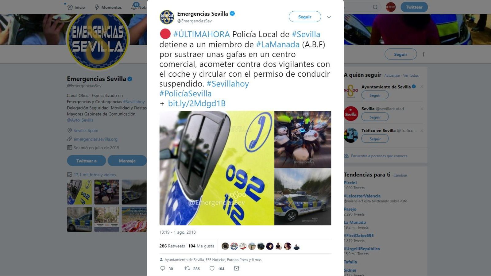 L'Ajuntament de Sevilla ha donat a conéixer la notícia mitjançant el seu perfil oficial d'emergències en Twitter.