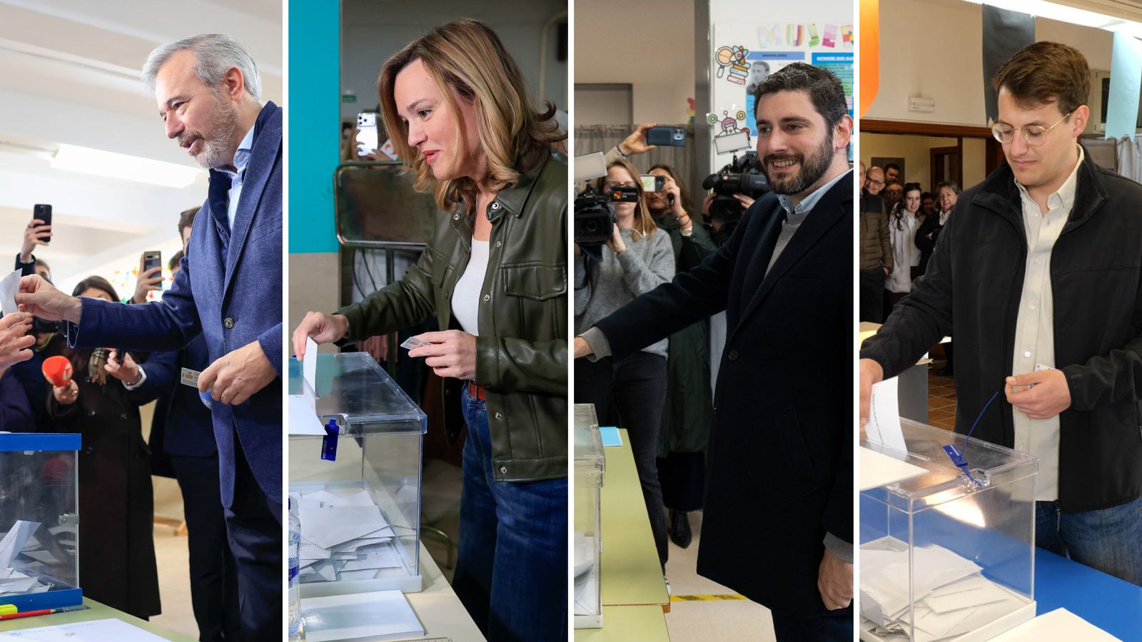 Jorge Azcón, Pilar Alegría, Alejandro Nolasco i Jorge Pueyo votant durant el matí