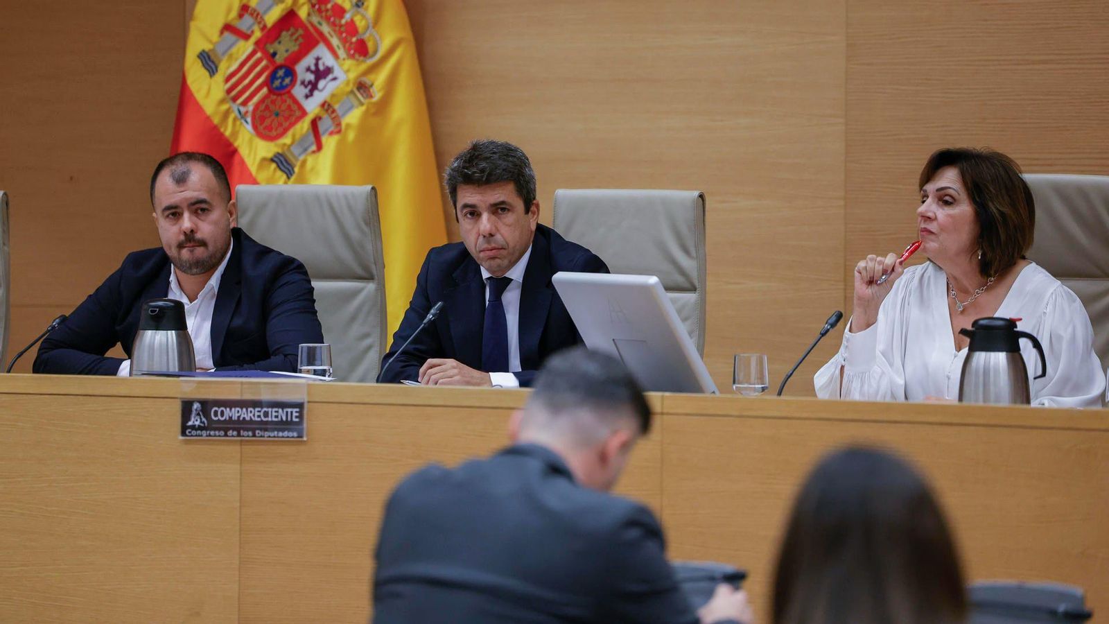 Carlos Mazón, al centre, en la compareixença en la comissió d'investigació de la dana al Congrés