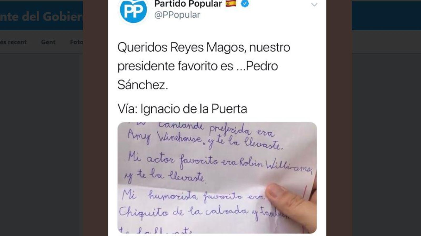 El tuit del PP incloïa el vídeo acompanyat del missatge “Benvolguts Reis Mags, el nostre president preferit és... Pedro Sánchez”