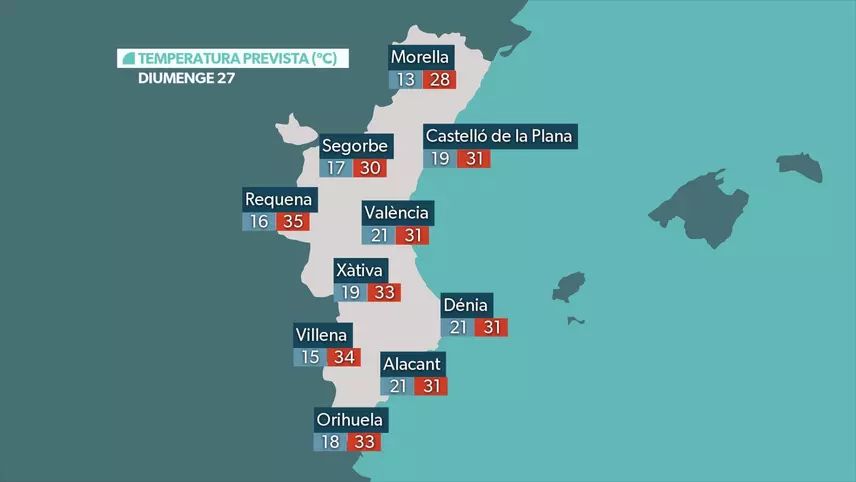Les temperatures d'este diumenge a la Comunitat Valenciana Les temperatures d'este diumenge a la Comunitat Valenciana