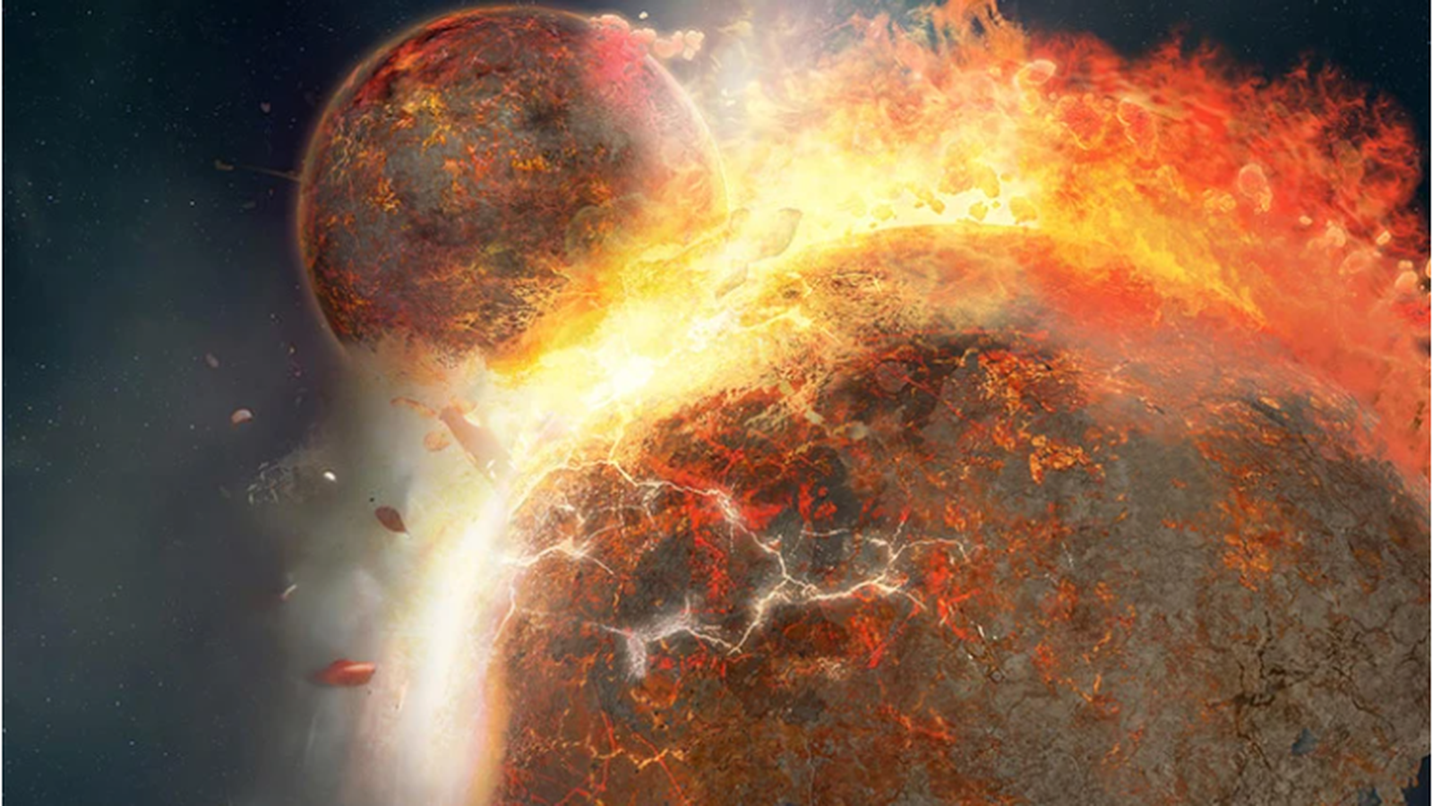 Recreació artística del protoplaneta Teia quan va estavellar-se contra la proto-Terra fa 4.500 milions d'anys