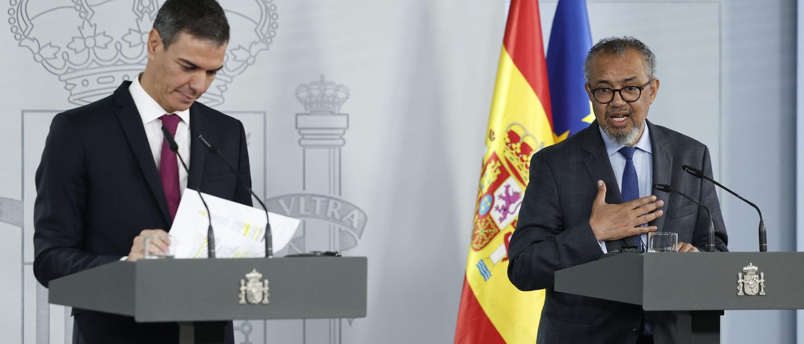 El president espanyol, Pedro Sánchez, i el director de l'OMS, Tedros Adhanom, este dimarts