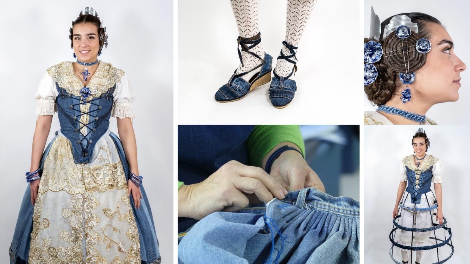 Detalls del vestit de fallera elaborat amb tela vaquera reciclada a Godella