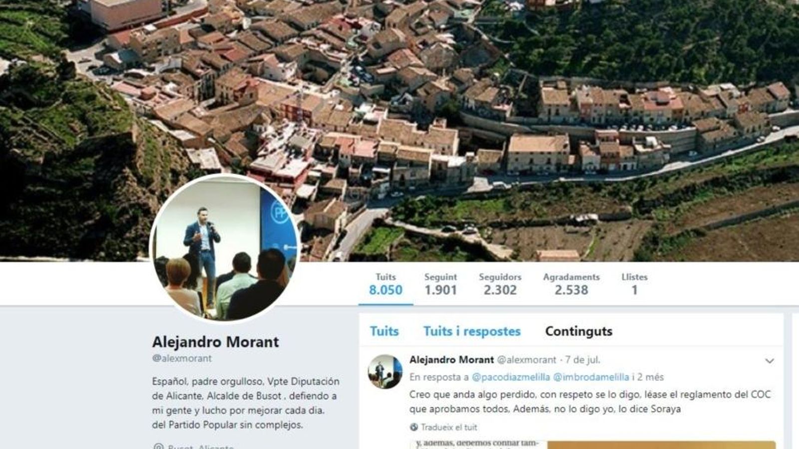 Captura d’imatge de la portada de Twitter d’Alejandro Morant, 5 de setembre de 2018
