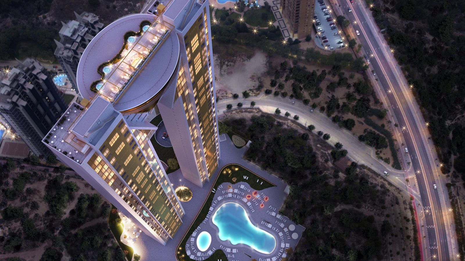 L'edifici, de 47 plantes i 198 metres d'alçària, vist des de l'aire