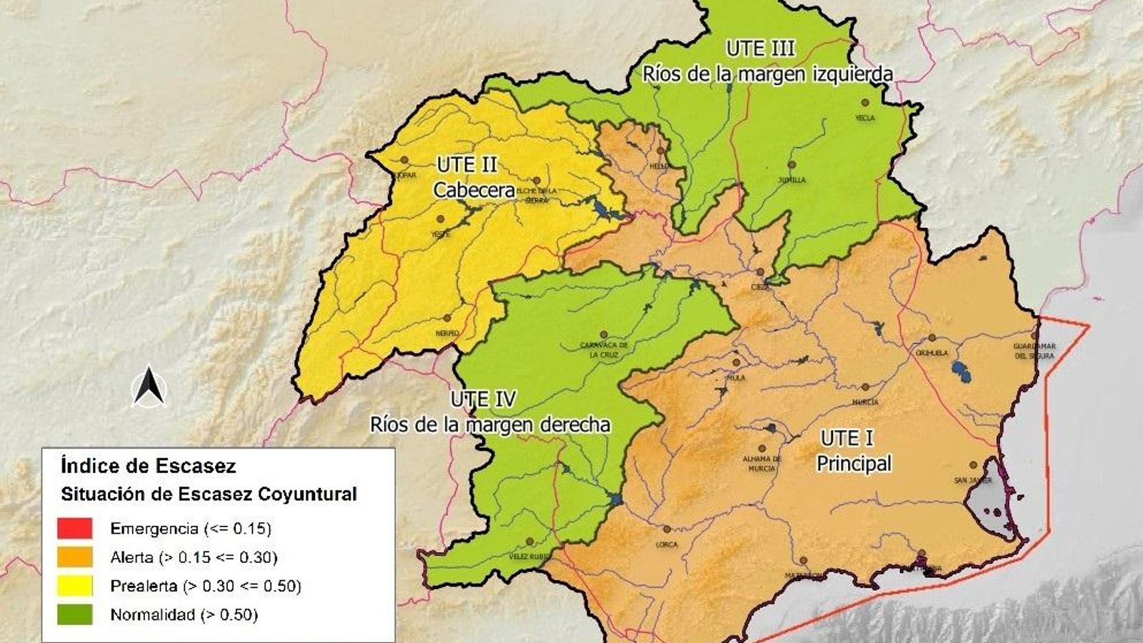 Els índexs d'escassetat de la conca del Segura es troben en nivell d'alerta a data 1 de setembre de 2023