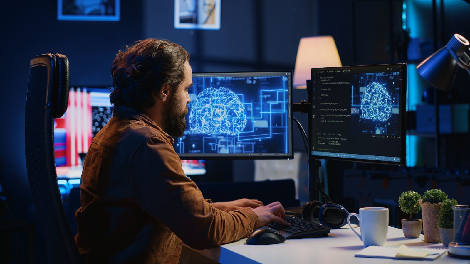 Un home teletreballa amb una  cadira ergonòmica