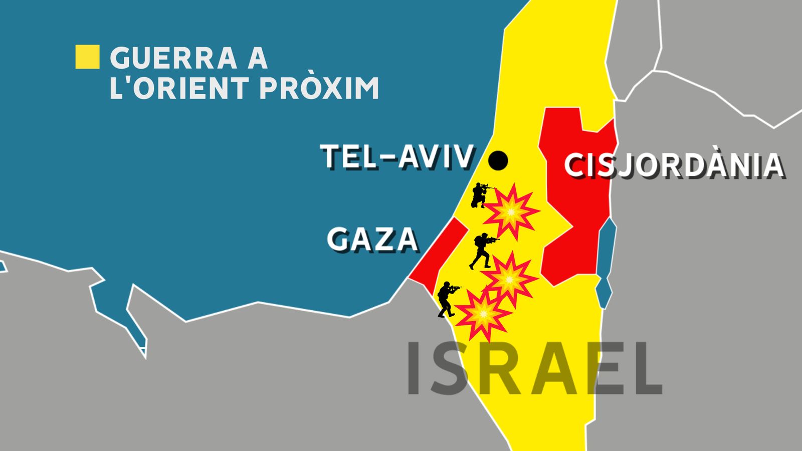 En roig, territoris sota control palestí. En groc, territoris sota control israelià. 