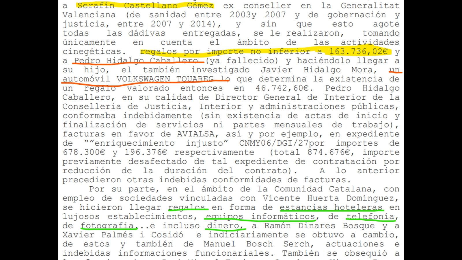 Extracte de l'acte de processament que detalla els presumptes suborns de la trama