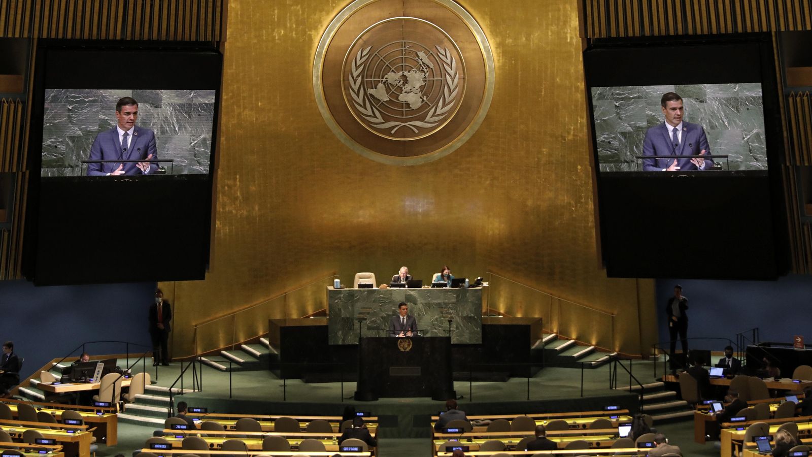 Sánchez durant la seua intervenció davant l'Assemblea General de Nacions Unides a Nova York / Peter Foley (Reuters)