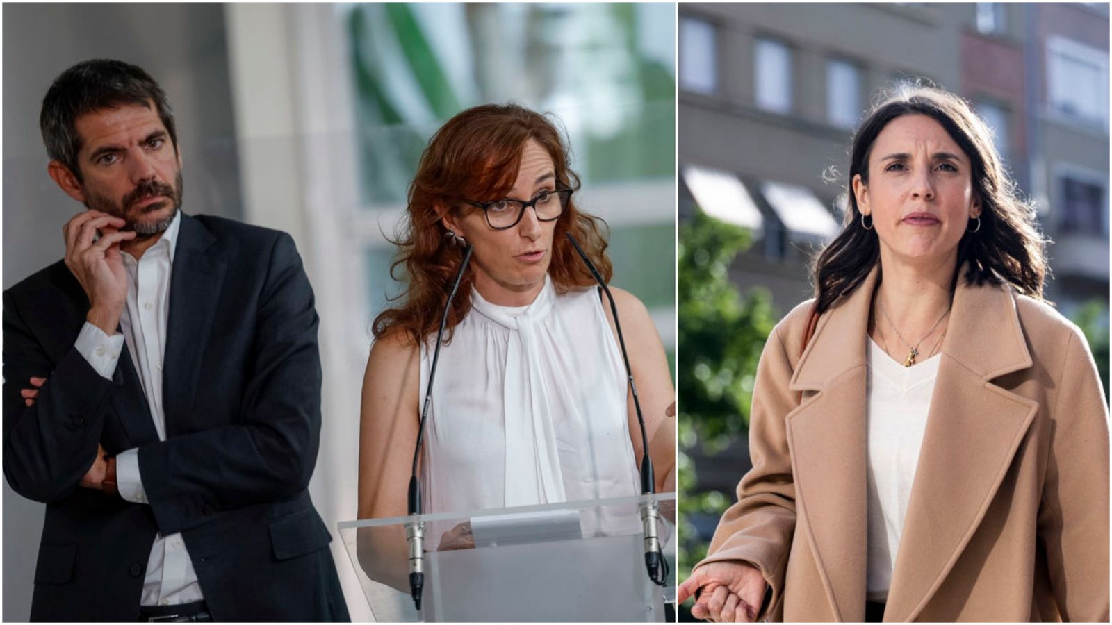 D'esquerrra a dreta, els ministres i potencials candidats de Sumar, Ernest Urtasun i Mónica García; i la líder de Podem Irene Montero