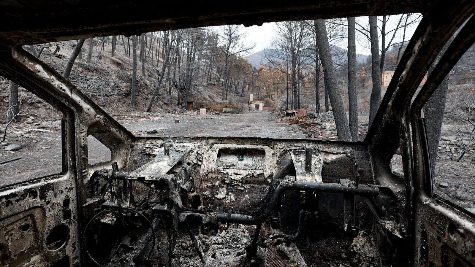 En la imatge, un vehicle avança per un camí que travessa la zona forestal cremada en l'incendi de la Vall d'Uixó