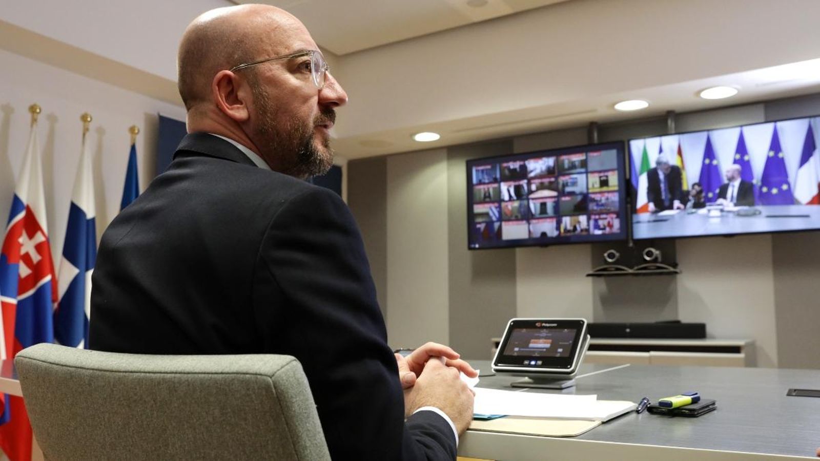 El president del Consell Europeu, Charles Michell, en la teleconferència amb els líders de la UE del 17 de març
