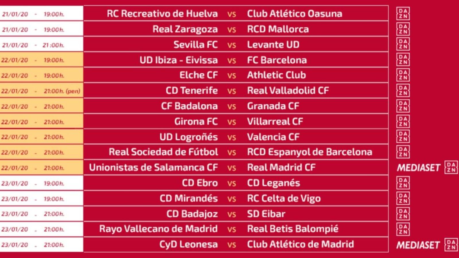 Horaris dels setzens de final de la Copa del Rei