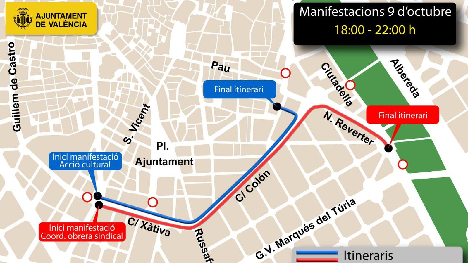 Mapa dels carrers tallats al trànsit per les manifestacions convocades la vesprada del Nou d'Octubre