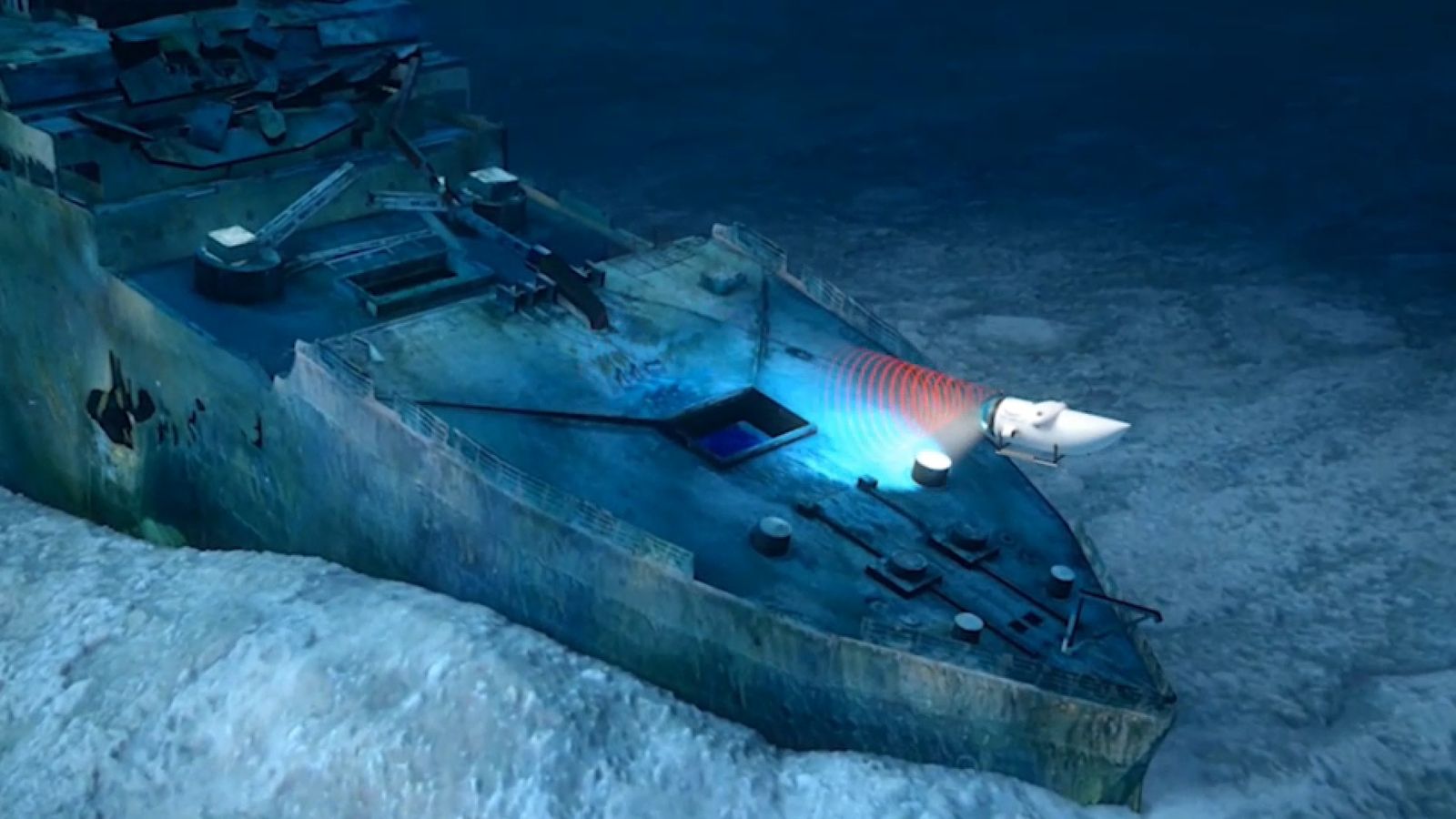 En imatge, la recreació en 3D del viatge turístic del submarí per a visitar el Titànic