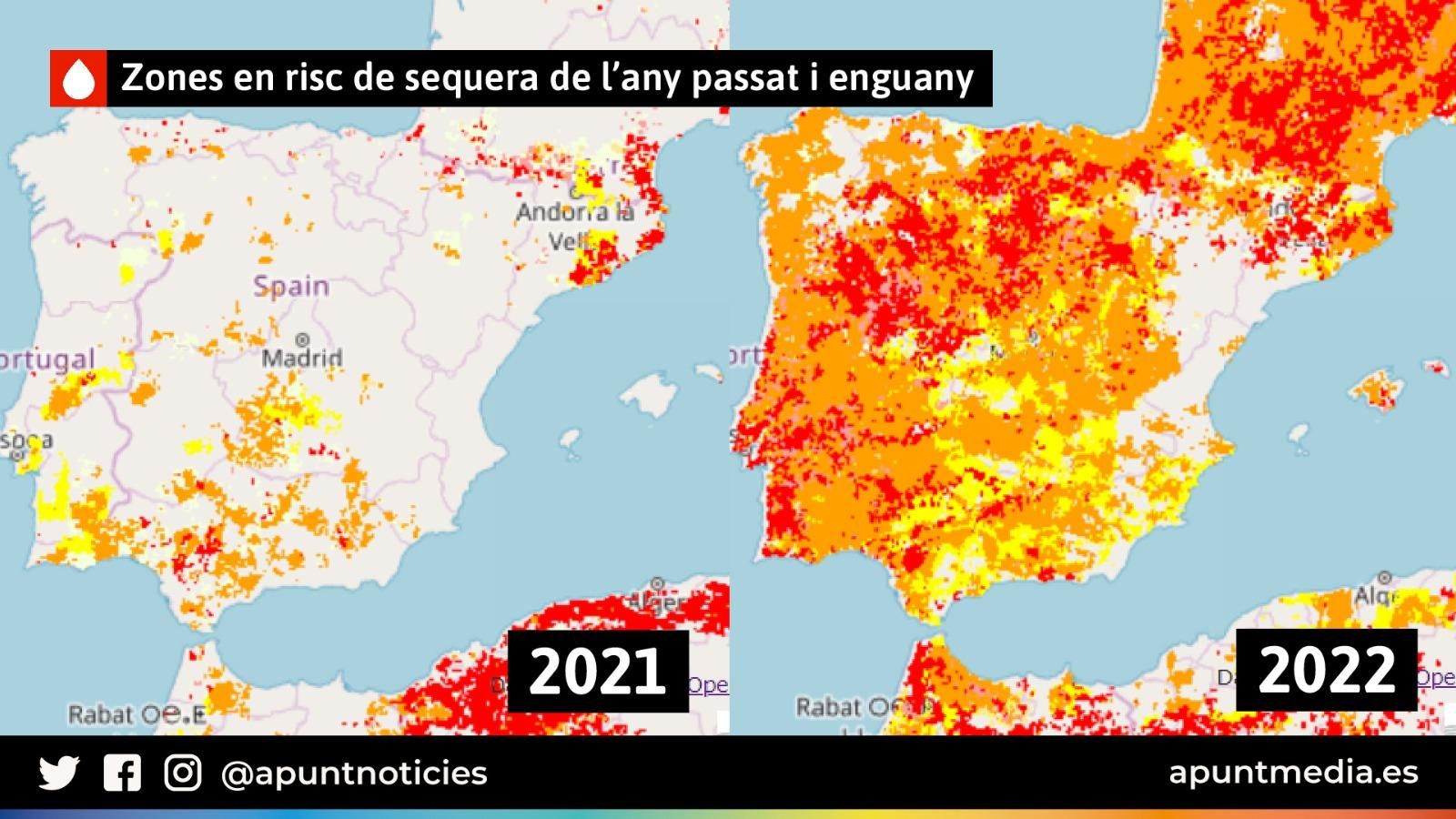 Zones en risc de sequera de l'any passat i enguany a Espanya