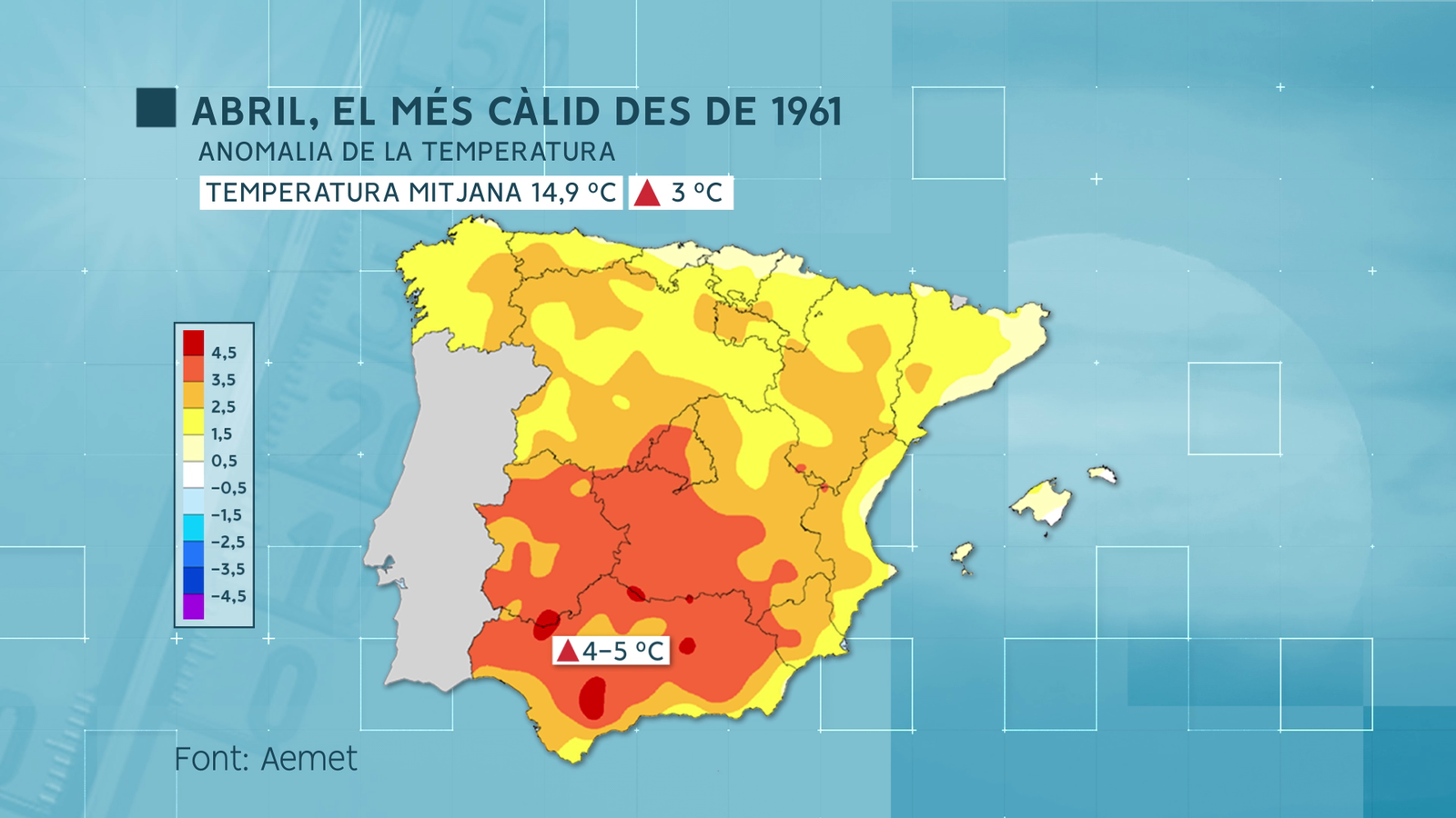 Anomalia de la temperatura a l'Espanya peninsular i les Illes Balears del darrer abril