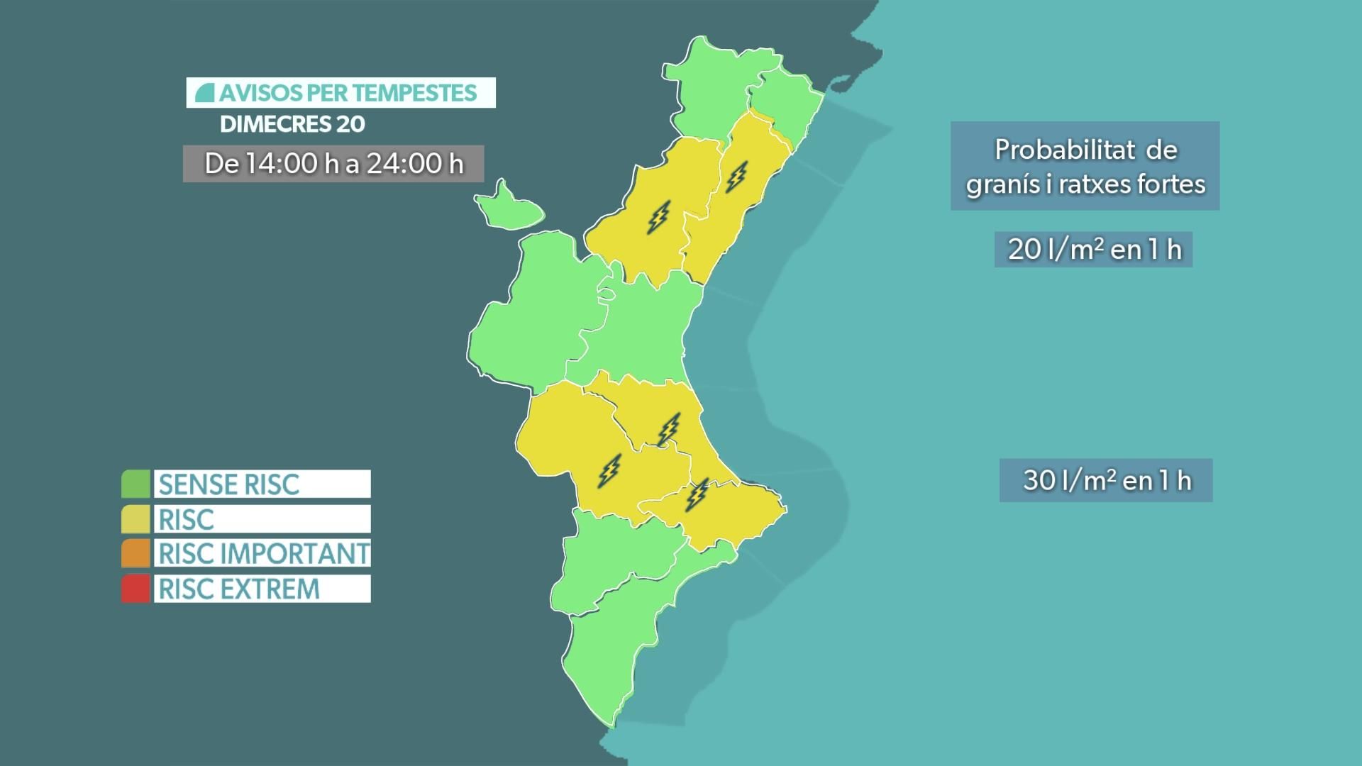Mapa d'avisos per pluja per a este dimecres, 20 d'agost Mapa d'avisos per pluja per a este dimecres, 20 d'agost