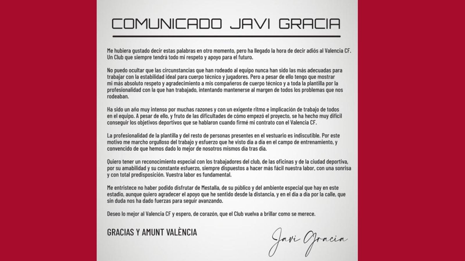 Comunicat Javi Gracia