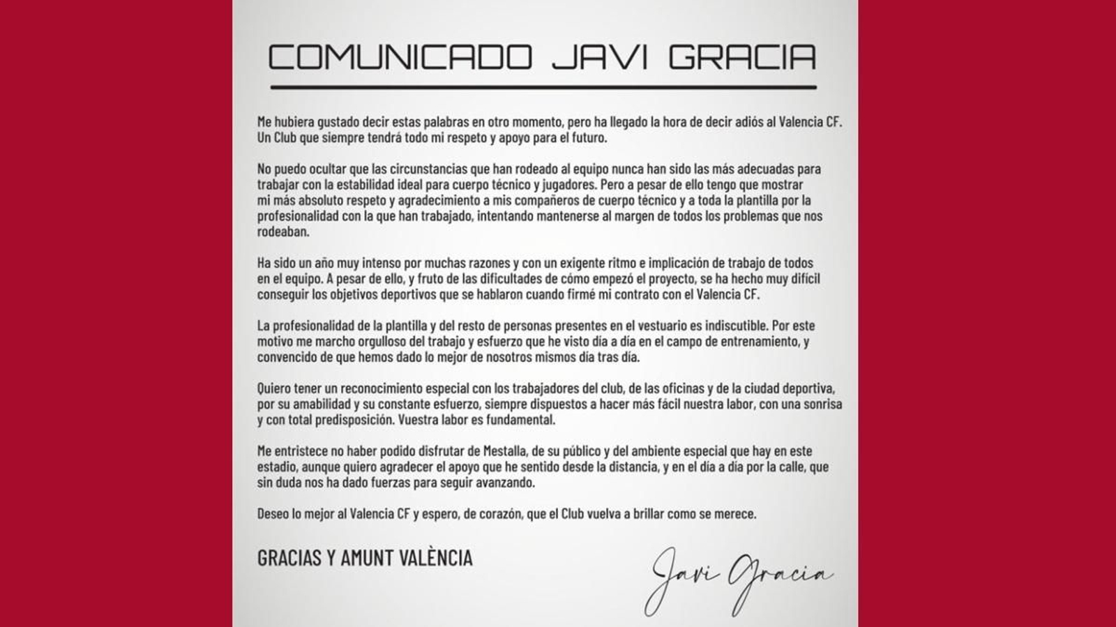 Comunicat Javi Gracia 