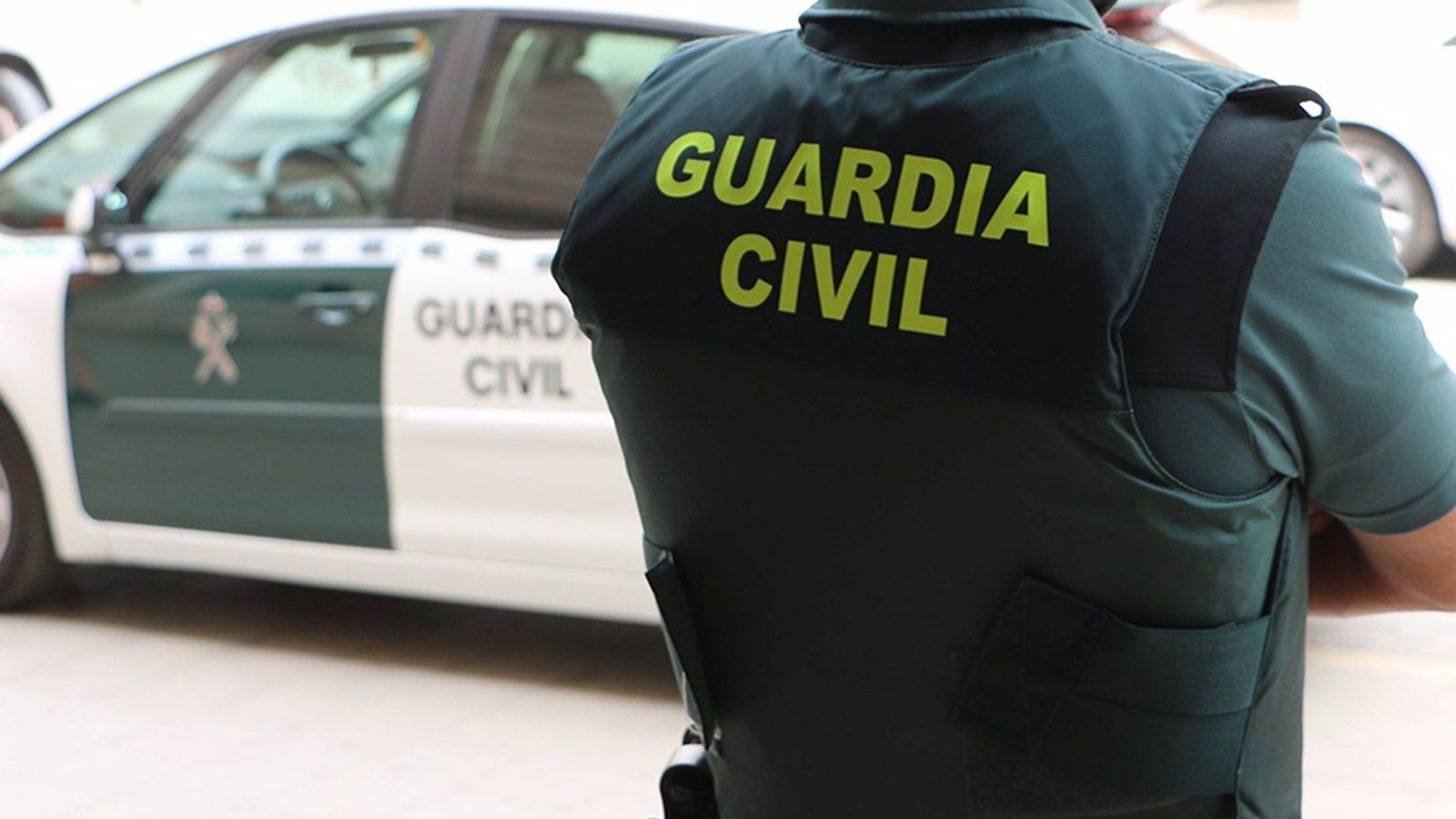 Un agent de la Guàrdia Civil, d'esquena, al costat d'un vehicle oficial