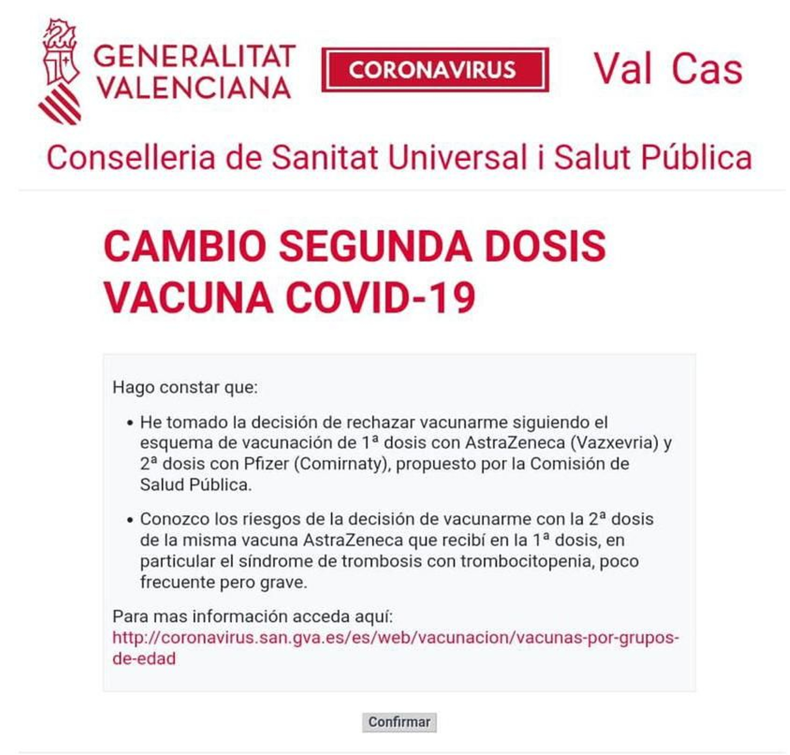 Model de consentiment de la conselleria de Sanitat per a rebre una segona dosi d'AstraZeneca