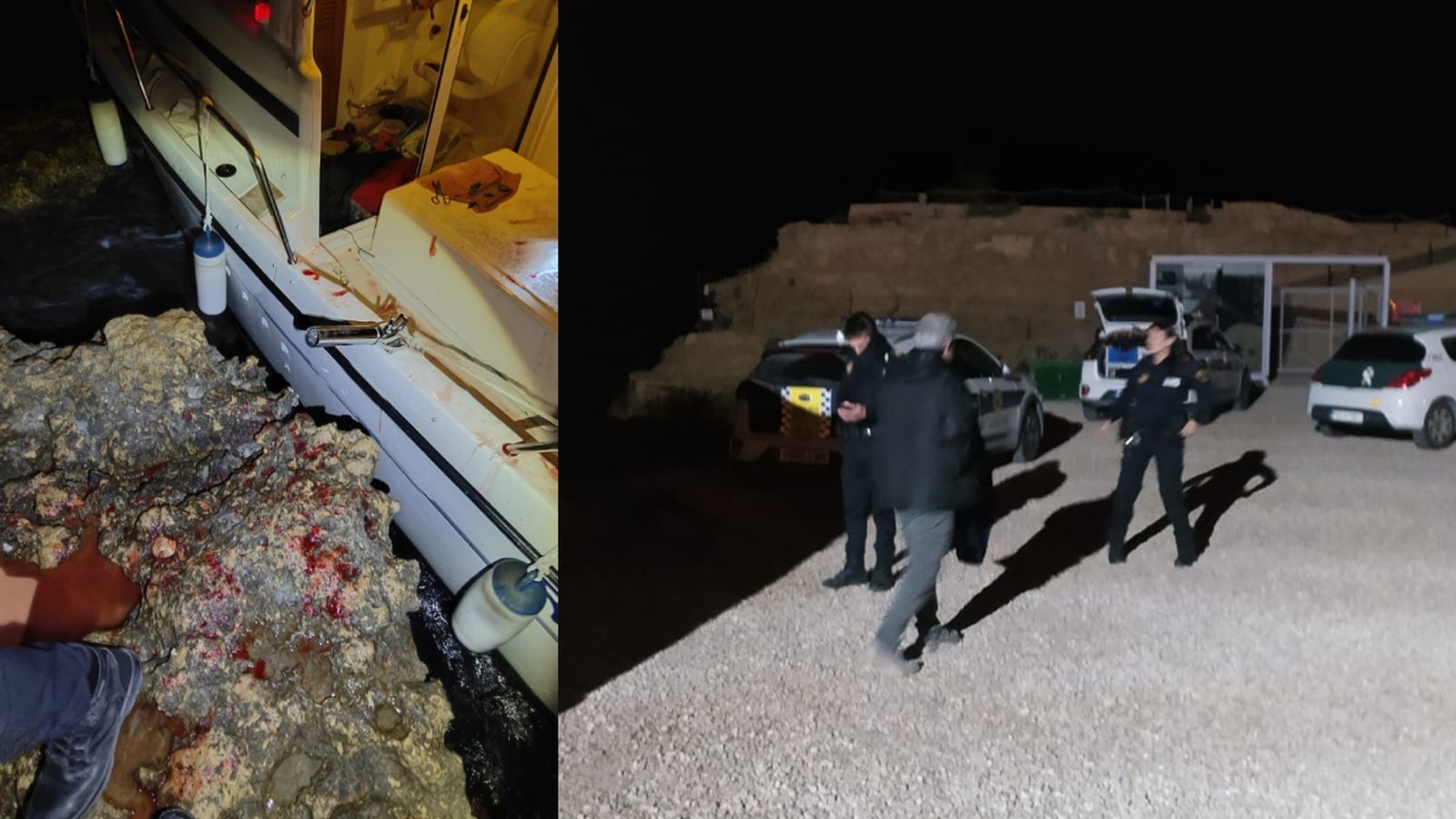 D'esquerra a dreta, la nau afectada amb restes de sang de la víctima al jaciment i el dispositiu de rescat