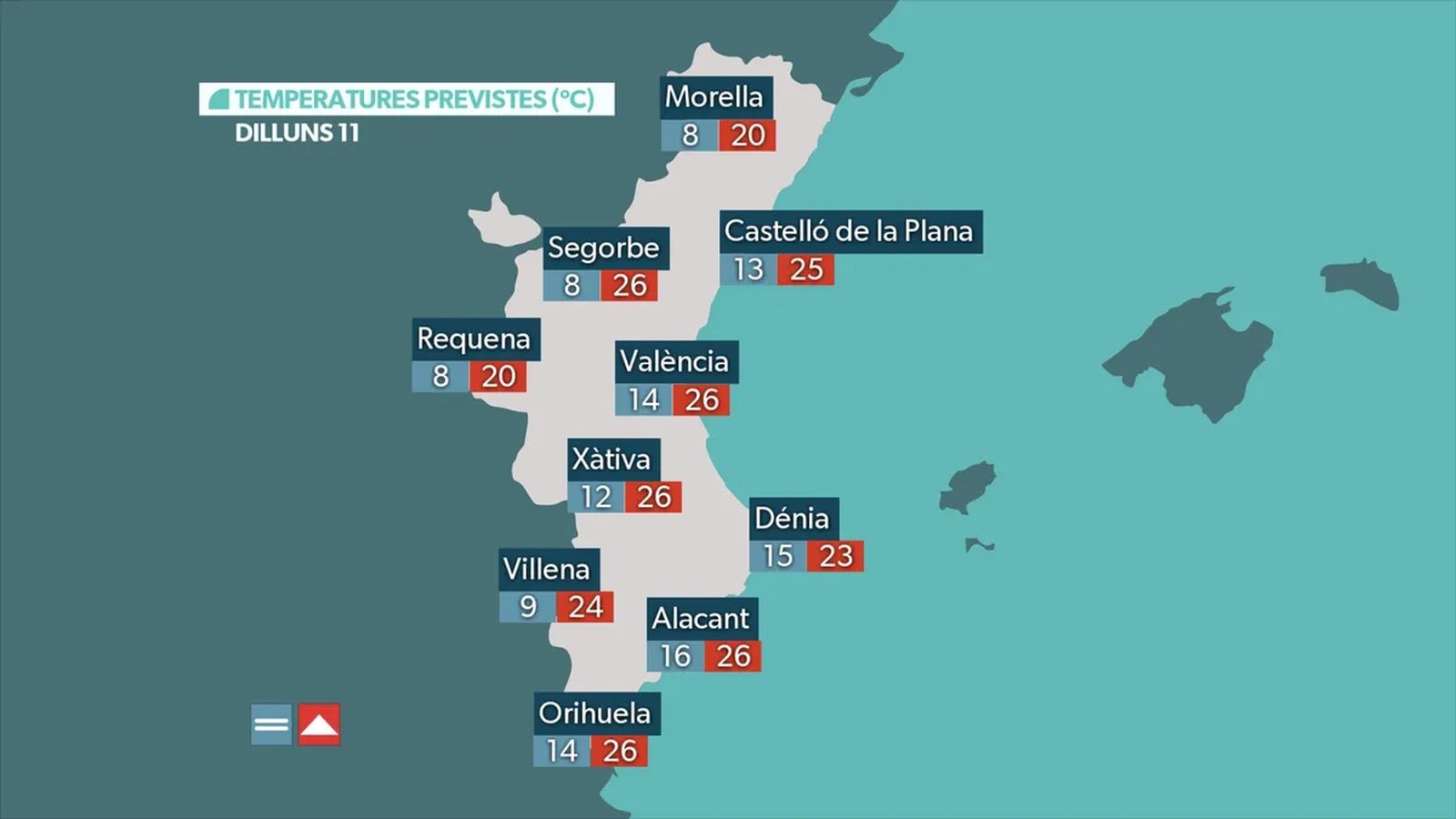 Temperatures previstes per a este dilluns