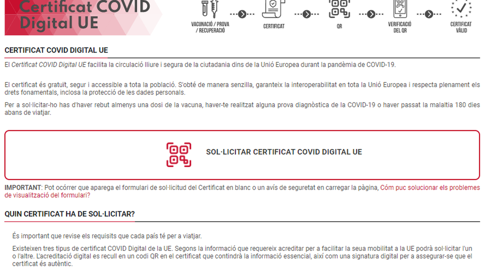 Imatge del portal Coronavirus de la GVA des d'on es pot obtenir el certificat