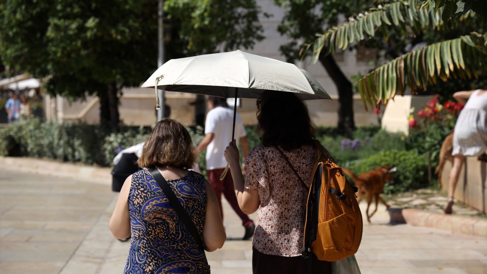 Dos dones es protegeixen de la calor amb un paraigües