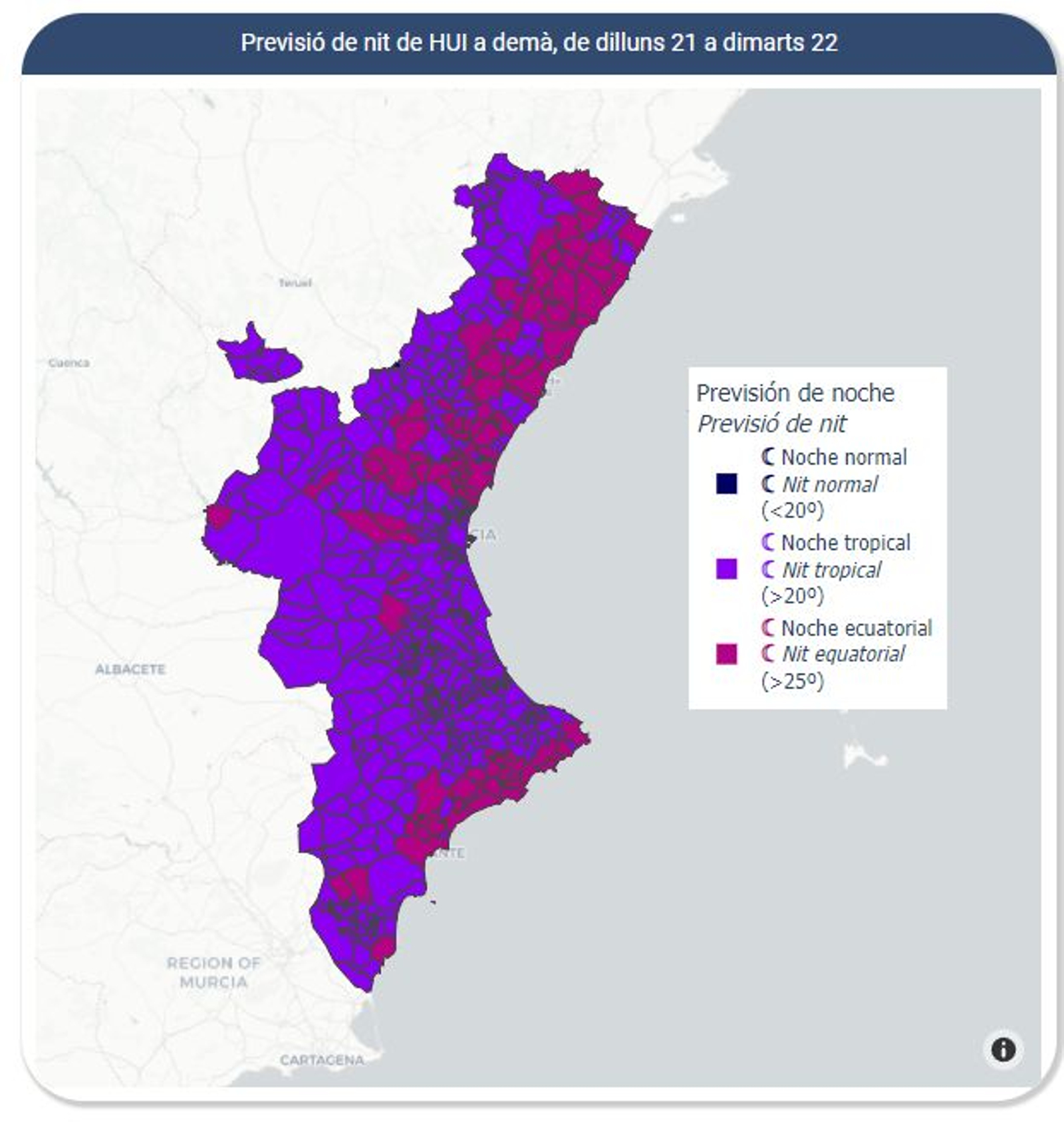 Previsió de temperatures aquesta nit a la Comunitat Valenciana