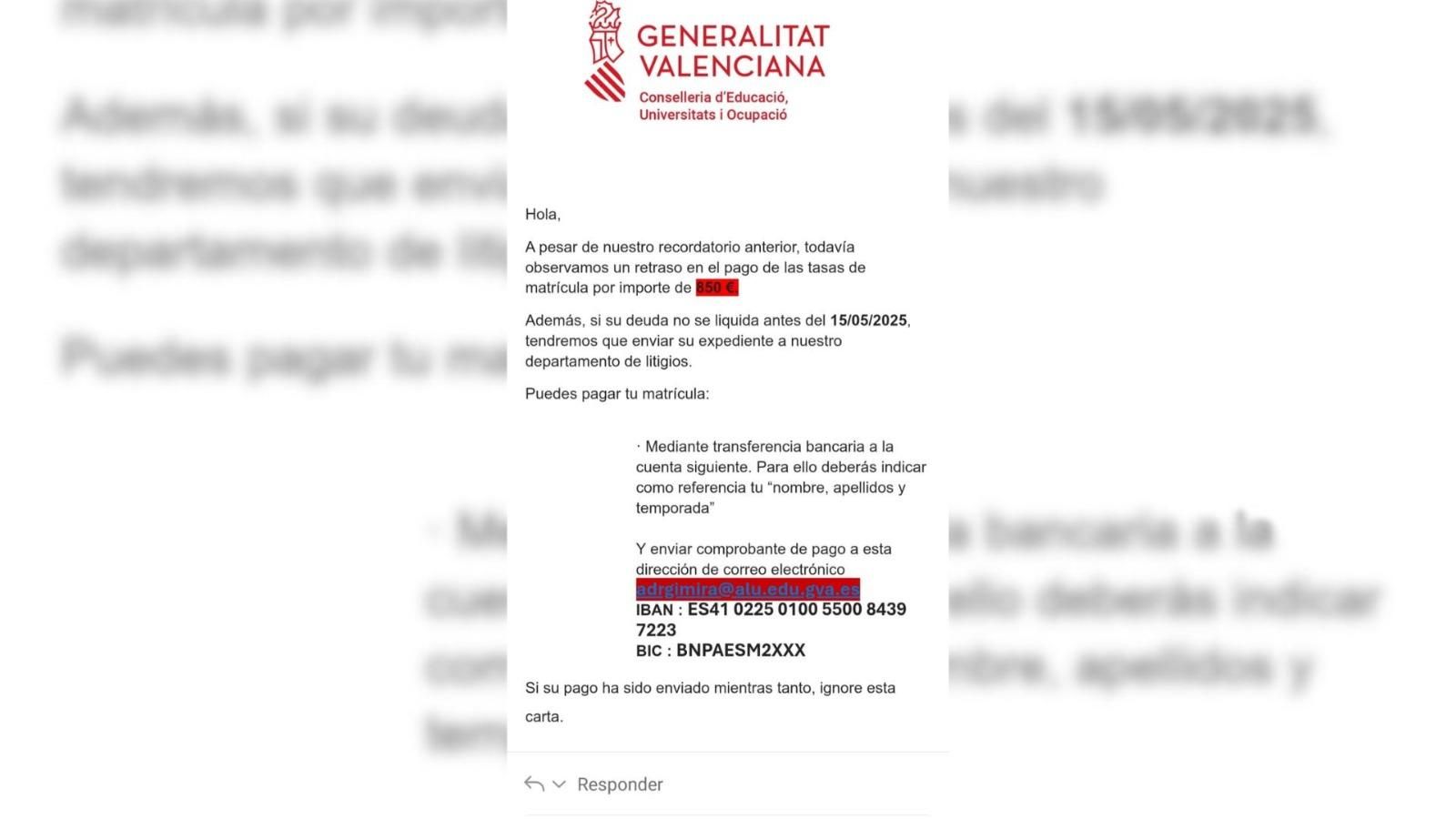 Un correu electrònic de l'intent d'estafa