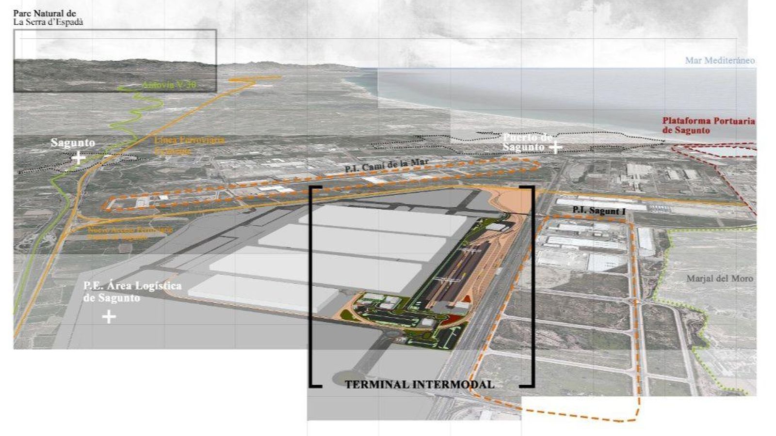 Punt en què s'ubicarà la plataforma intermodal de la nova àrea industrial que es desenvoluparà al terme de Sagunt per a acollir la gigafactoria del grup Volkswagen