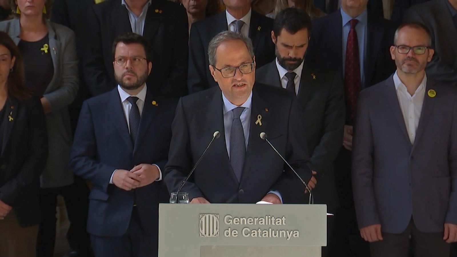 El president de la Generalitat de Catalunya, Quim Torra, durant la compareixença